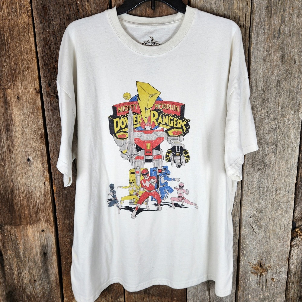 Mighty Morphin Power Rangers Graphic T-Shirt XXL Cream Megazord Retro Mens Tee